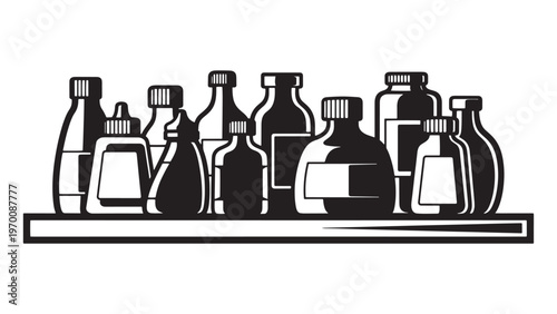Monochromatic vector illustration of various liquid bottles with ribbed caps and labels on a shelf, representing pharmaceutical, cosmetic, or household product containers.