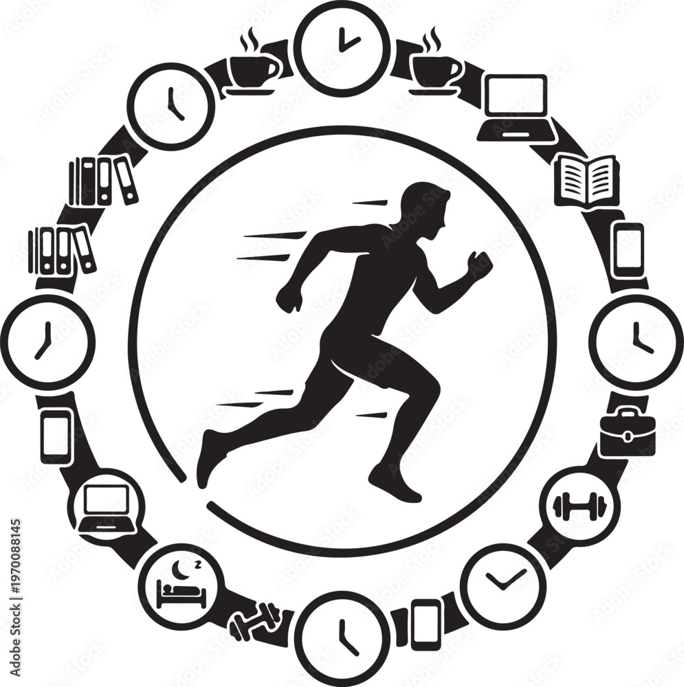 Fototapeta premium Man running in circle surrounded by icons representing daily life activities and time