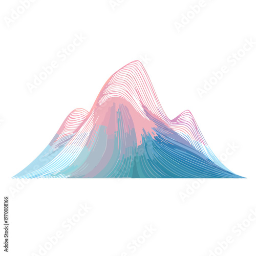 Abstract digital art depicting a colorful mountain range with flowing lines and vibrant hues of blue and pink, evoking a sense of movement and nature