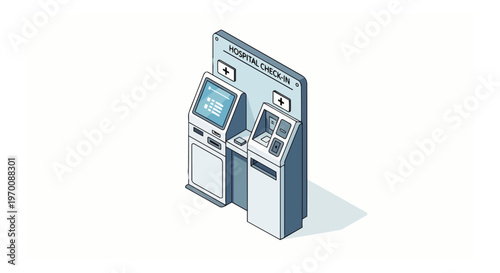 Isometric Hospital Check-In Kiosk Illustration - Self-Service Medical Registration Terminal and Digital Healthcare Reception Station