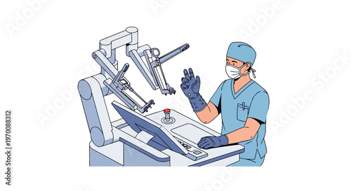 Surgeon Operating Advanced Robotic Surgery System and Control Console Illustration