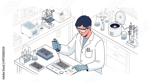 Scientist in White Lab Coat Performing Research with Pipette and Multi-well Plate in Modern Biotechnology Laboratory Isometric Vector Illustration for Medical and Science Concepts