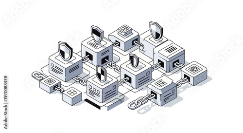 Isometric Blockchain Network Security Concept with Linked Data Blocks and Protection Shields