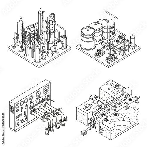 Isometric Industrial Equipment and Machinery Set for Manufacturing and Processing Plants.