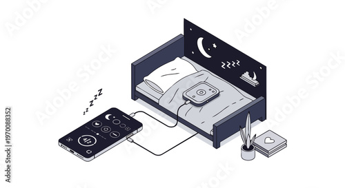 Isometric Smart Sleep Tracking Technology Illustration with Mobile App Interface and Bedside Monitoring Device