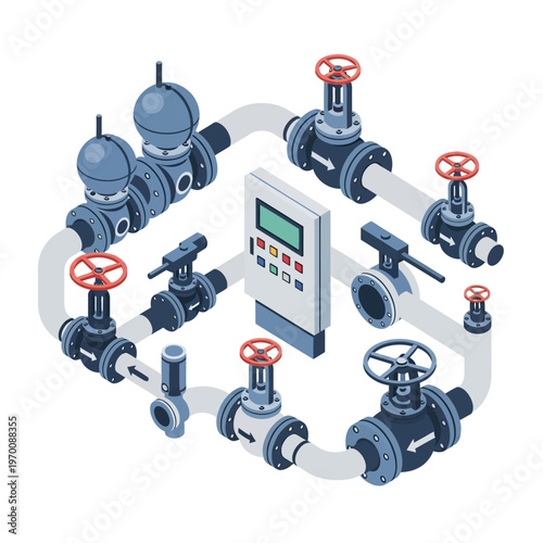 Isometric Industrial Pipeline System with Valves and Control Panel.