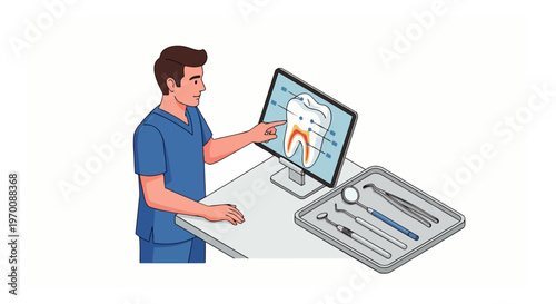 Male Dentist Explaining Tooth Anatomy on Computer Monitor in Dental Clinic Illustration