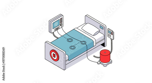 Isometric Hospital Bed with Vital Signs Monitor and Medical Life Support Equipment Illustration