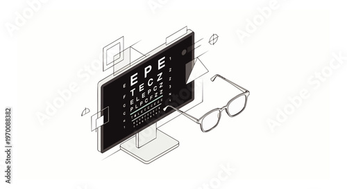 Digital Eye Exam Isometric Illustration with Computer Monitor Displaying Snellen Eye Chart and Eyeglasses for Vision Correction and Optometry Concept