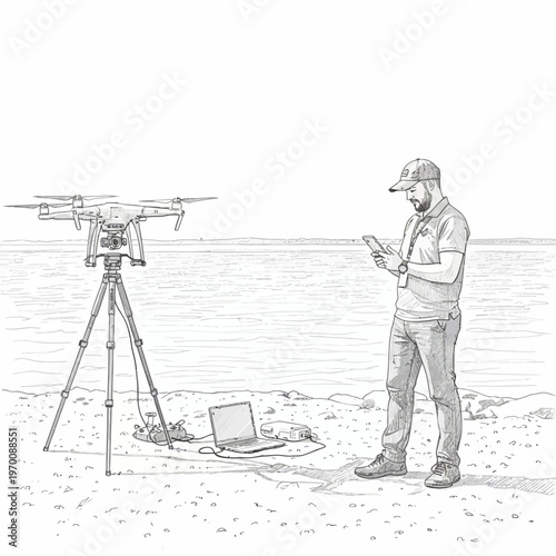 Man operating drone on beach with laptop and tripod, preparing for flight.