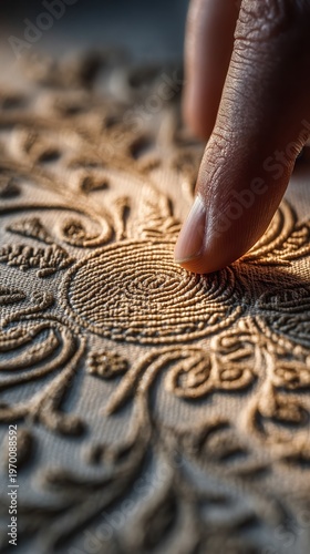 Intricate Hand Embroidery Detail with Human Touch on Fabric Surface