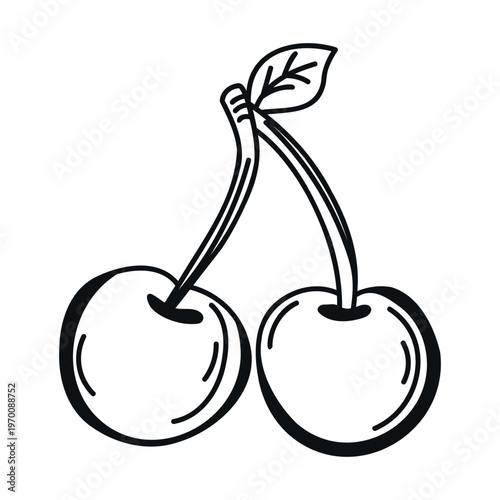 Hand-drawn illustration of two cherries connected by a stem with a green leaf, showcasing a simple and clean design suitable for various creative projects