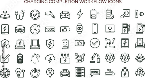 Charging completion workflow outline icon set featuring battery status confirmation electric vehicle symbols for apps websites dashboards presentations interface design