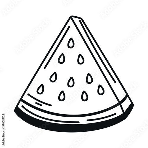 Illustration of a triangular slice of watermelon with seeds and a smooth rind, presented in a minimalist black and white design on a plain background