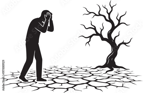 Silhouette of a distressed person in a barren, cracked desert landscape next to a dead tree
