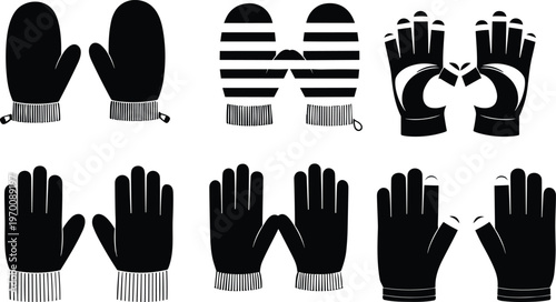 Winter gloves and mittens set silhouettes, warm handwear icons collection, black vector illustration isolated, cold weather clothing design elements for fashion