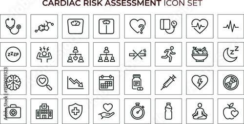 Cardiac risk assessment square outline icon set with heart health screening lifestyle monitoring prevention cardiology symbols for healthcare apps dashboards interfaces