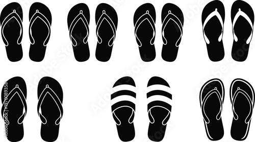 Set of flip flops and sandals silhouettes, beach footwear icons for summer vacation, pool party, travel, and casual leisure lifestyle design.