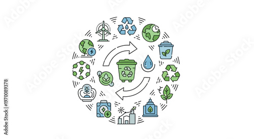Circular Economy and Sustainable Development Concept with Green Energy and Recycling Icons