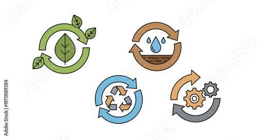 Circular Economy Icons Set: Nature, Water, Recycling, and Industrial Sustainability Processes