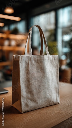 Simple Natural Tote Bag on Wooden Table in Cozy Indoor Setting