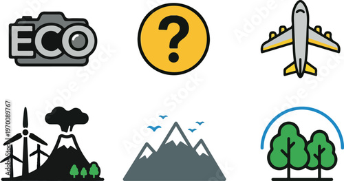 Eco friendly travel and sustainable tourism icons with mountains, Trees, And renewable energy