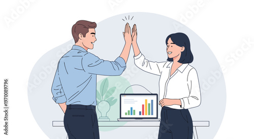 Business Team Success High Five Celebration with Growth Chart Vector Illustration