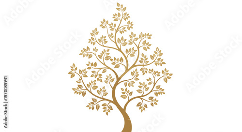 A sophisticated brown tree illustration features a gracefully curved trunk and a dense canopy of delicate leaves arranged in a balanced pattern against white.