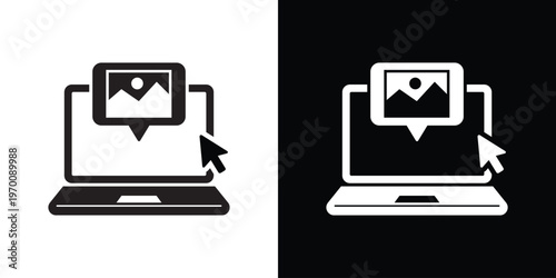 Laptop computer icon with a mouse cursor selecting a photo image thumbnail. Concept for digital photography, online gallery, content management, and media uploading software.