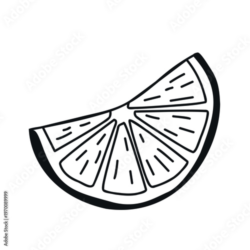 Black and white illustration of a sliced lemon wedge with visible segments and texture details, showcasing its fresh and juicy appearance