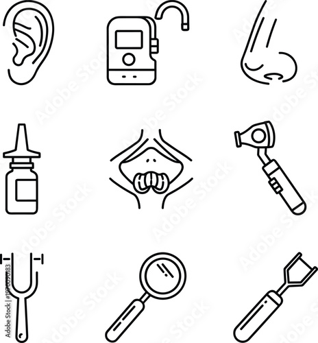 ENT Ear Nose Throat Specialist Medical Icons Set Outline Vector Illustration