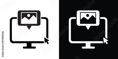 Laptop computer icon with a mouse cursor selecting a photo image thumbnail. Concept for digital photography, online gallery, content management, and media uploading software.