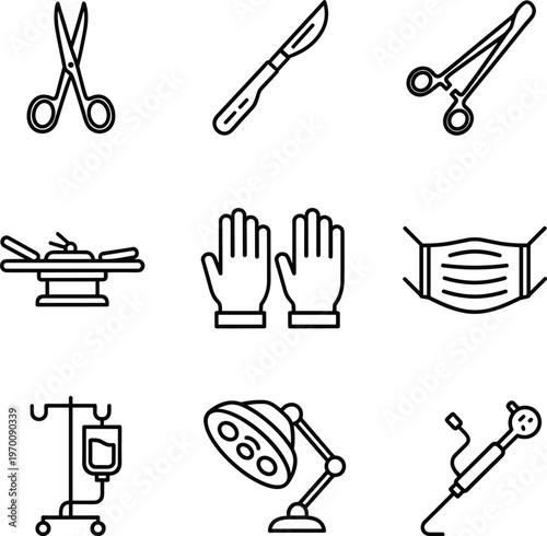 Surgery and Operation Medical Icons Set Outline Vector Illustration
