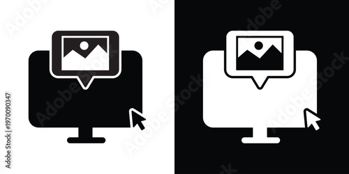 Laptop computer icon with a mouse cursor selecting a photo image thumbnail. Concept for digital photography, online gallery, content management, and media uploading software.