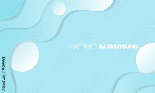 Abstract light blue paper cut background with fluid wavy shapes and circles.