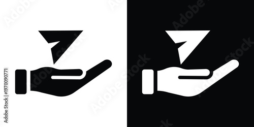 Human hand holding a curved arrow pointing right. Symbol for sharing content, forwarding information, giving, or distribution in a minimalist black and white vector style.