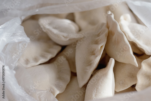 close-up of frozen varenyki in plastic bag