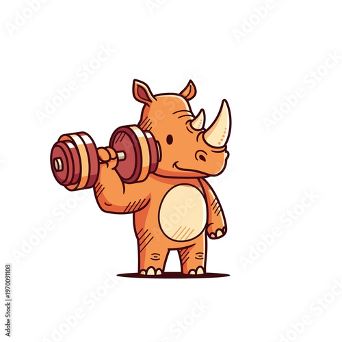 A cute cartoon rhinoceros character lifting a heavy dumbbell with one arm, smiling cheerfully.