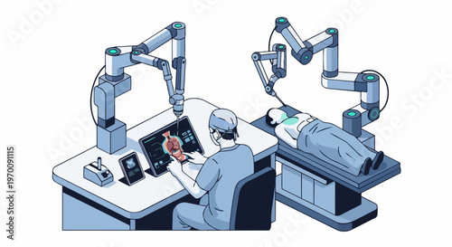 Isometric Robotic Surgery Illustration with Surgeon Controlling High-Tech AI Robotic Arms in Futuristic Medical Operating Room Environment