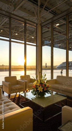 A luxurious living room featuring modern furniture overlooks an airport runway at sunset or sunrise, where a private aircraft is parked. A bouquet of flowers and a glass of juice sit on the small tabl