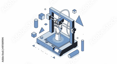 Isometric 3D Printer Illustration Manufacturing a Robotic Prosthetic Hand, Modern Technology and Prototyping Concept