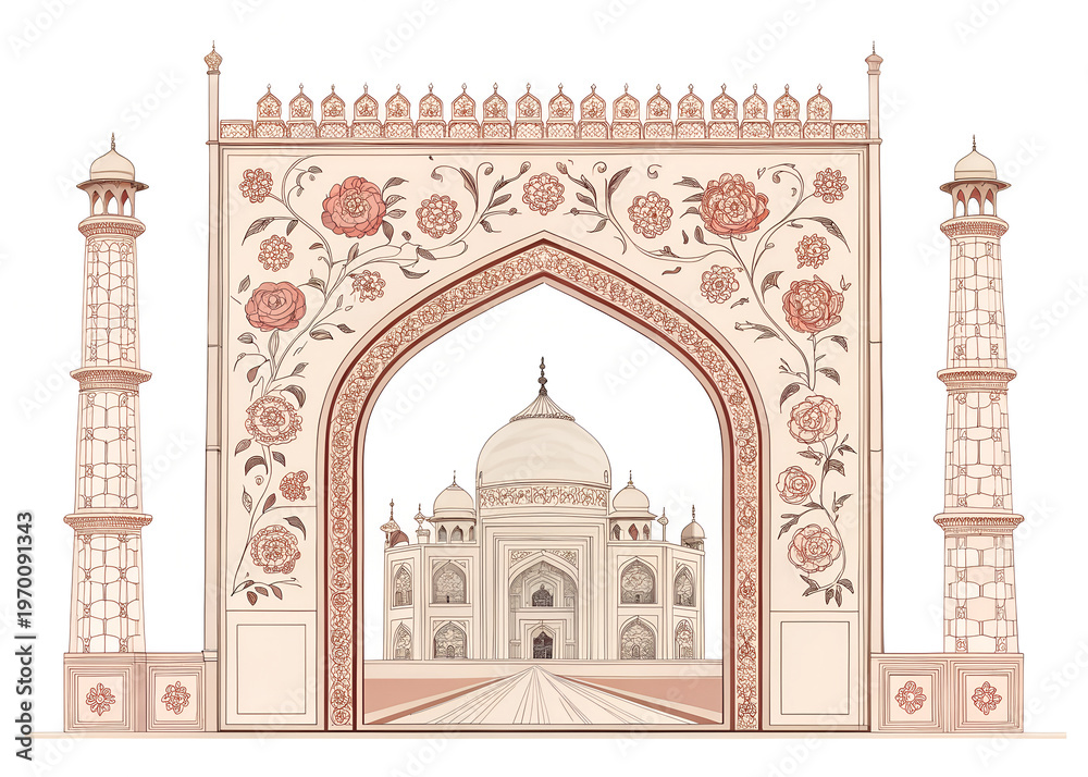 Fototapeta premium Minimal vector Indian Mughal arch with symmetrical floral carvings, soft pastel palette, isolated on white background