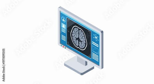 Isometric Medical Monitor with Human Brain Scan and Digital Interface, Healthcare Technology and Neurology Concept Illustration