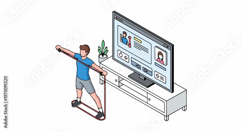 Isometric Illustration of a Man Exercising with a Resistance Band while Watching an Online Fitness Class on TV
