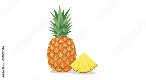 A fresh whole pineapple with a green leafy top sits beside a succulent triangular slice of juicy yellow fruit on a pristine white minimalist background.