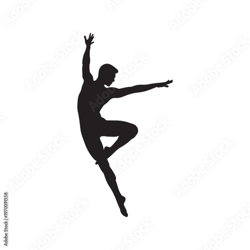 Black silhouette of a person leaping with arms raised in triumph jumping