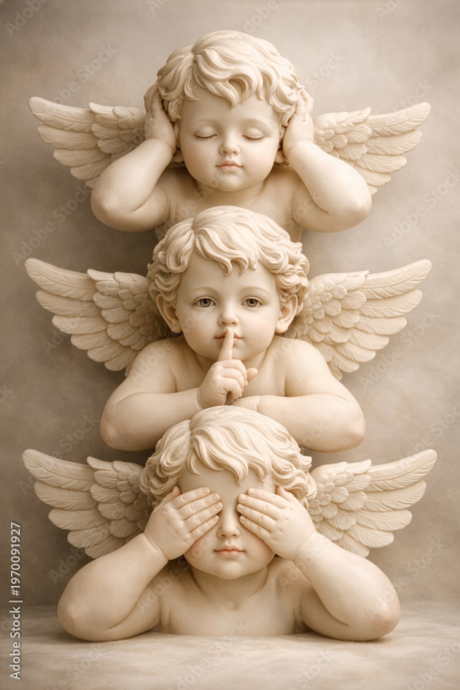 Fototapeta premium Three Cherub Figures Representing See No Evil, Hear No Evil, Speak No Evil