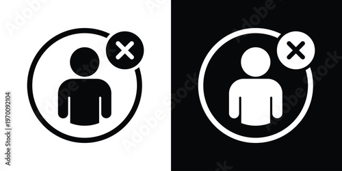 Vector illustration of a person profile icon with a delete cross mark in a circle. Minimalist flat design for account management, blocking, or user removal interfaces.