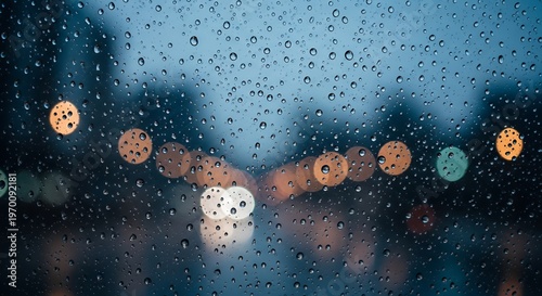 Detailed raindrops on window pane with out of focus city traffic light bokeh, dark blue evening sky background