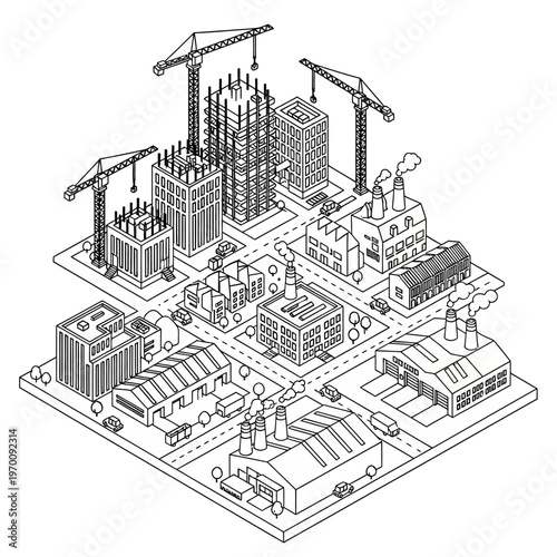 Isometric Industrial Cityscape with Factories and Construction Sites.